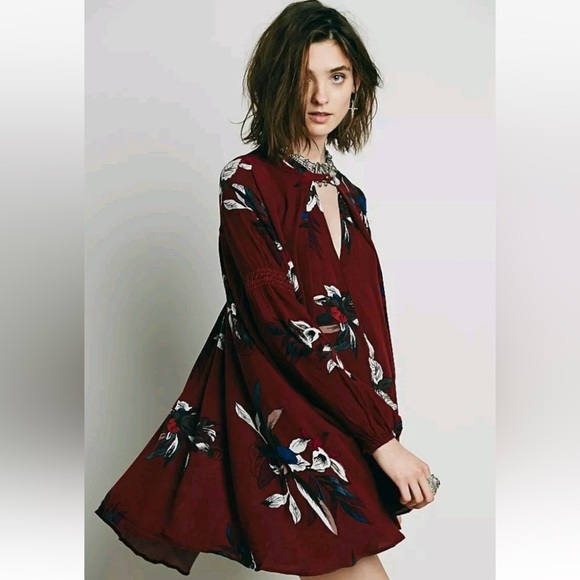 Free People Red Purple Button Neck Electric Orchid Tree Swing Tunic Dress Small - Picture 1 of 11